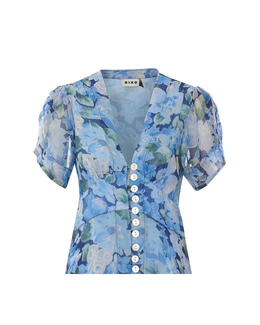 Rixo Blue Novara Floral Button-Front Dress