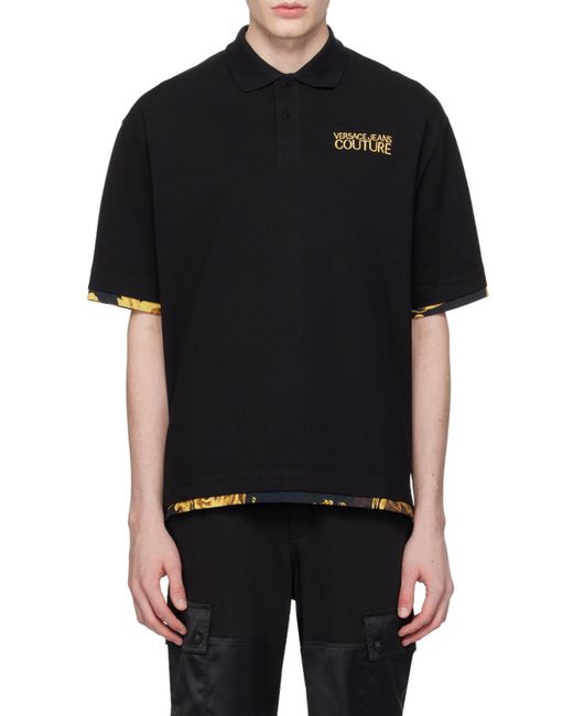Versace Jeans Black Couture Logo-Embroidered Short-Sleeved Polo Shirt for men