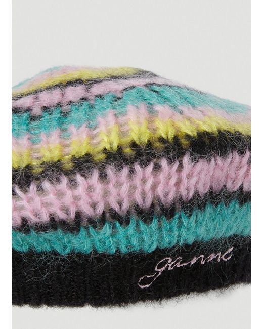 Ganni Green Logo Embroidered Striped Beret