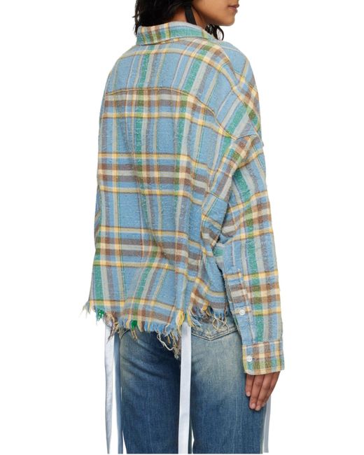 R13 Blue Check Pattern Cropped Fringed Work Shirt