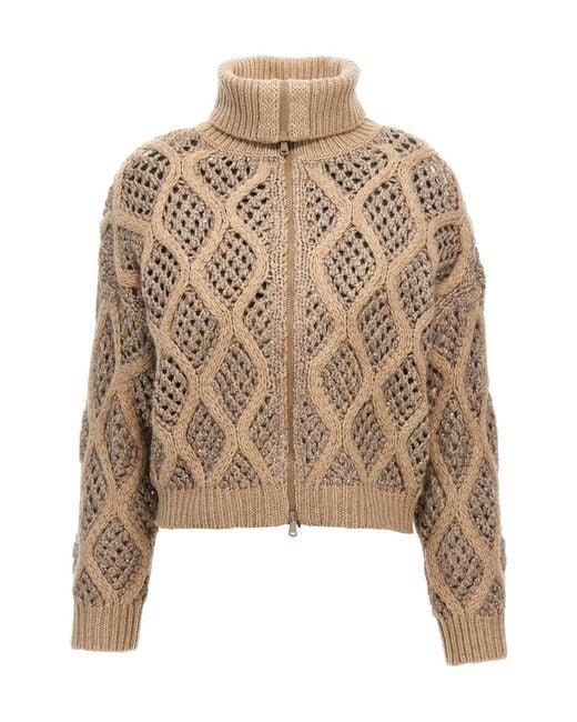 Brunello Cucinelli Natural Zipped Open-Knit Cardigan
