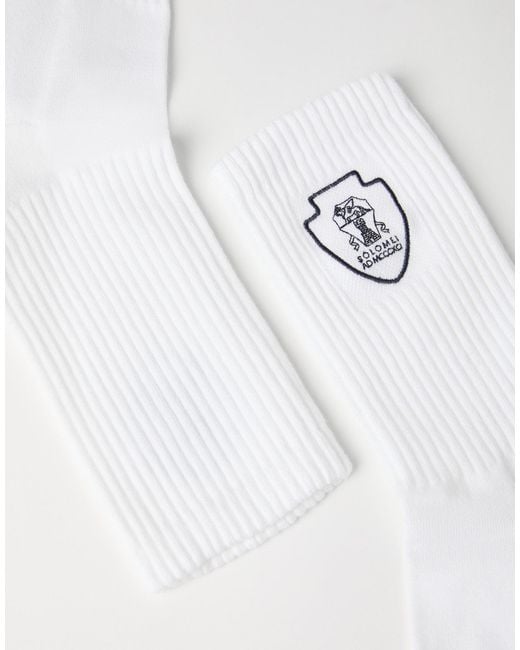 Brunello Cucinelli White Logo Emblem Ribbed Ankle Socks for men