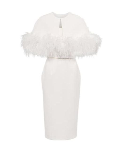 Safiyaa White Feather-Embellished Crepe Midi Dress