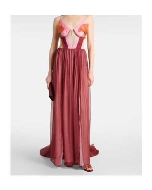 Nensi Dojaka Red Dahlia Silk Open-Back Bustier Gown