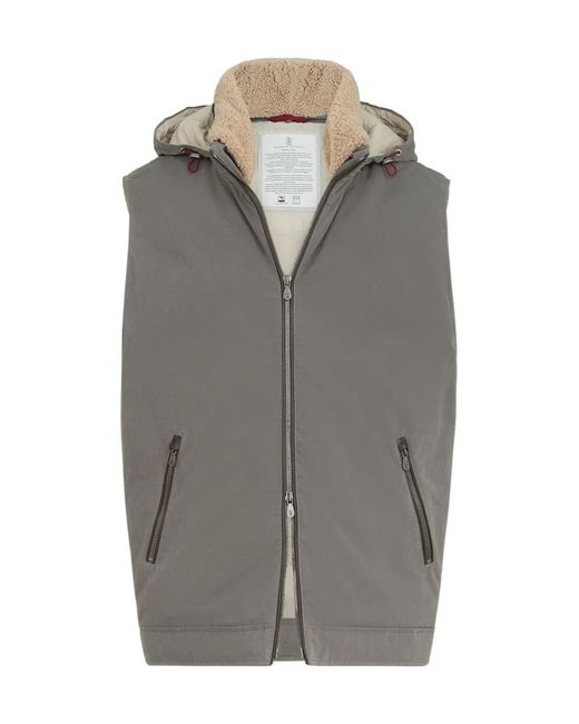 Brunello Cucinelli Gray Waxed Techno-Cotton Down Vest With Detachable Hood for men