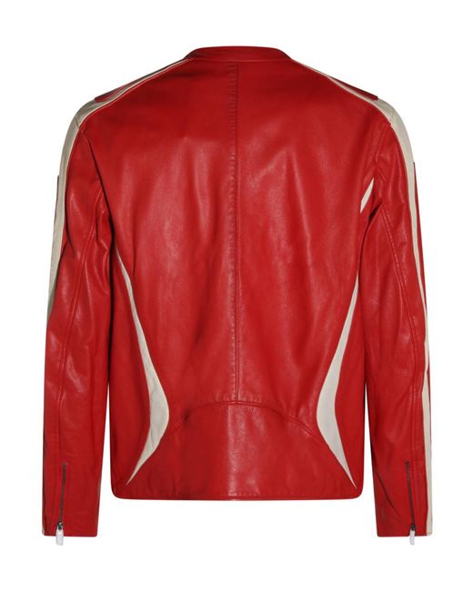 DIESEL Red Zip-Up Crewneck Leather Jacket for men