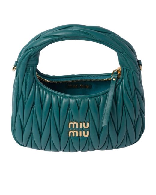 Miu Miu Green Wander Matelassé Logo Plaque Mini Hobo Bag