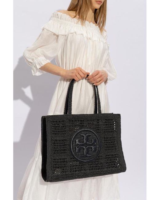 Tory Burch Black Ella Raffia Tote Bag