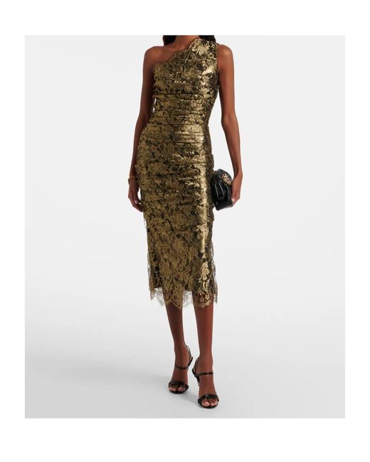 Dolce & Gabbana Metallic Floral One-Shoulder Lace Midi Dress