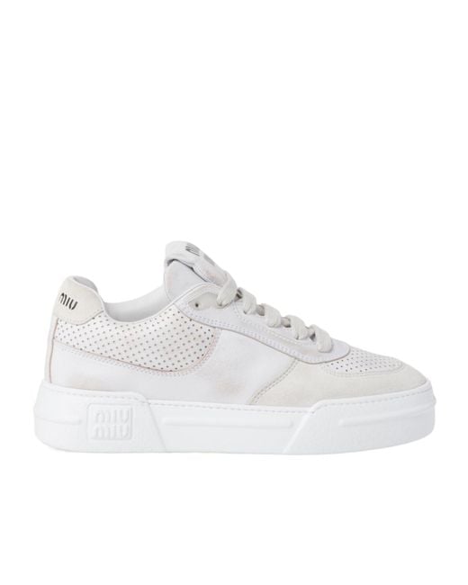 Miu Miu White Bleached Leather And Suede Sneakers