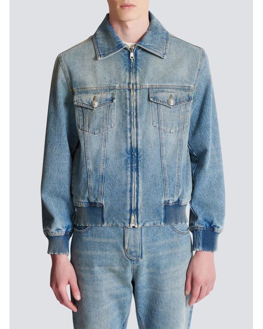Balmain Blue Cropped Lined Denim Jacket for men