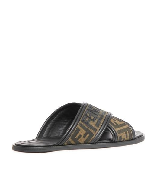 Fendi Brown Ff Logo Detail Crossed Slides for men
