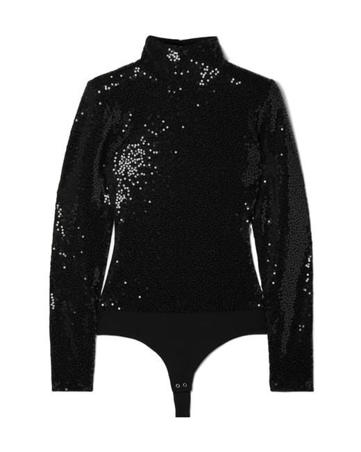 Michael Kors Black Sequined Crepe Turtleneck Thong Bodysuit