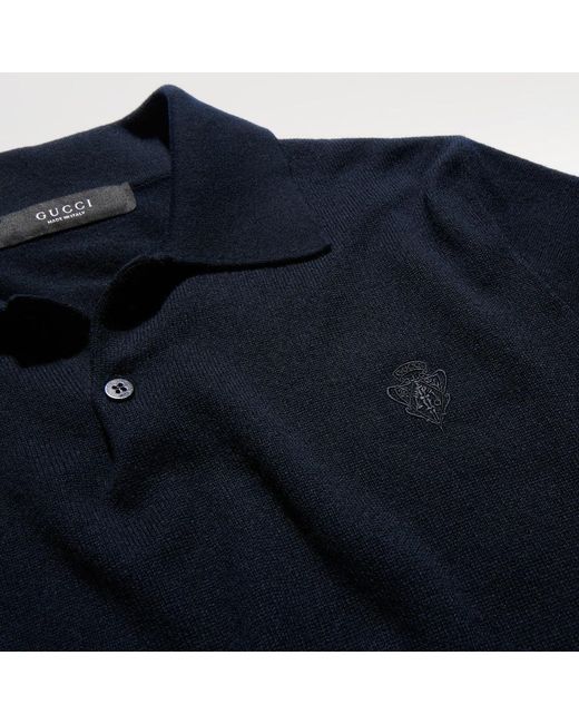 Gucci Blue Knit Cashmere Polo Shirt With Embroidery for men