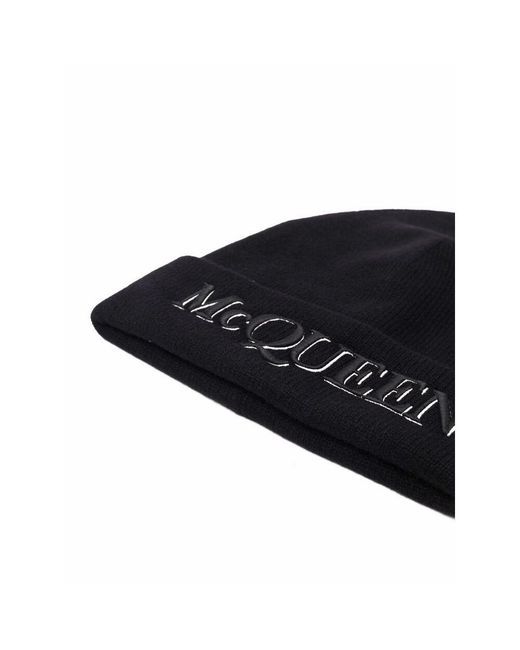 McQueen Black Logo Embroidered Beanie for men