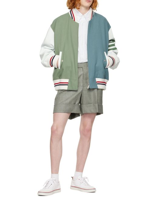 Thom Browne Green Colour-Block Wool Bomber Jacket for men