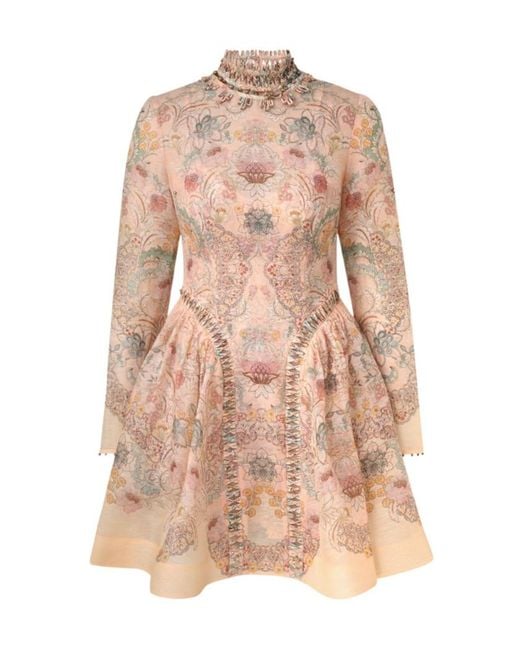 Zimmermann Pink Floral-Print High-Neck Mini Dress