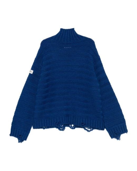 MM6 by Maison Margiela Blue High-Neck Drop-Shoulder Distressed Jumper for men