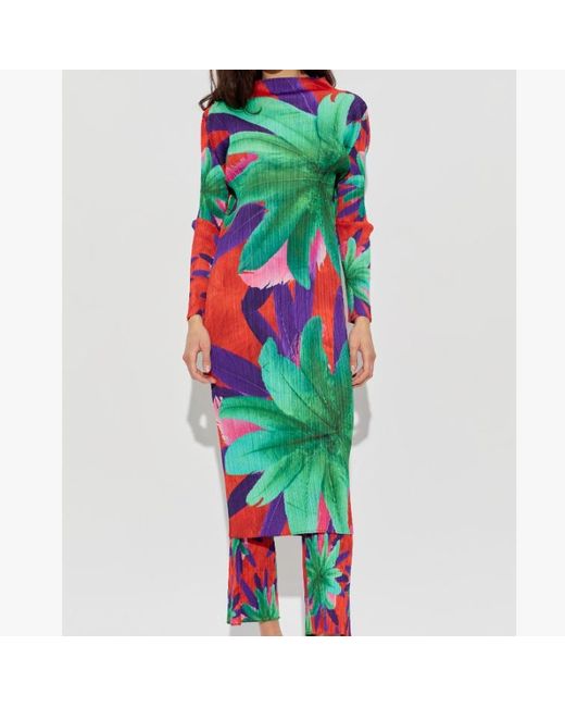 Pleats Please Issey Miyake Green Carnival Floral-Print Pleated Midi Dress