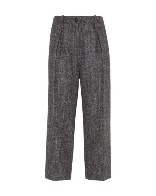 Brunello Cucinelli Gray High-Waisted Pleated Trousers