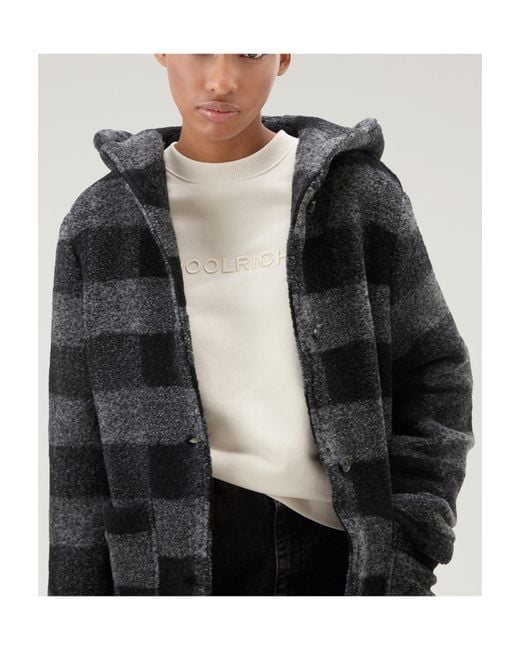 Woolrich Black Checked Hooded Wool-Blend Coat