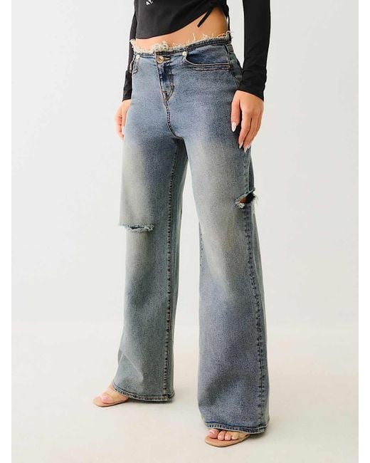 True Religion Blue Bobbi Frayed Low Rise Baggy Jean