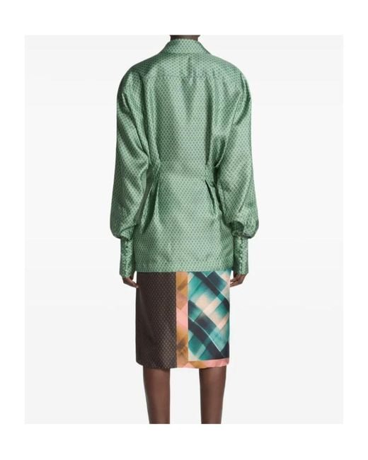 Dries Van Noten Green Draped Silk Geometric Blouse