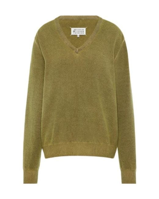 Maison Margiela Green Virgin Wool V-Neck Sweater