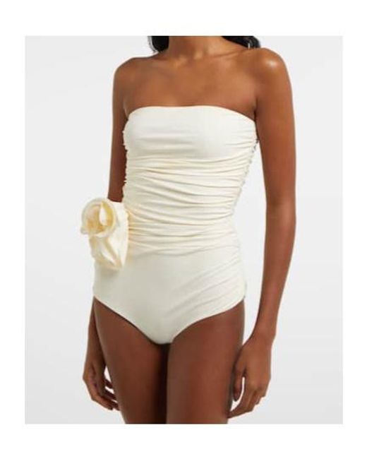 Magda Butrym White Floral-Appliqué Ruched Swimsuit