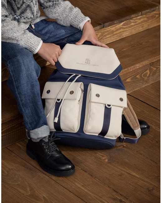 Brunello Cucinelli Blue Double-Pocket Drawstring Backpack