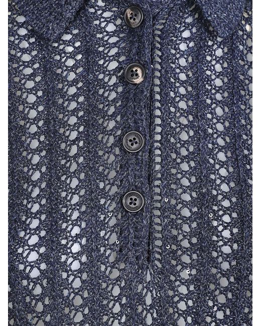Eleventy Blue Openwork Polo Knitted Top