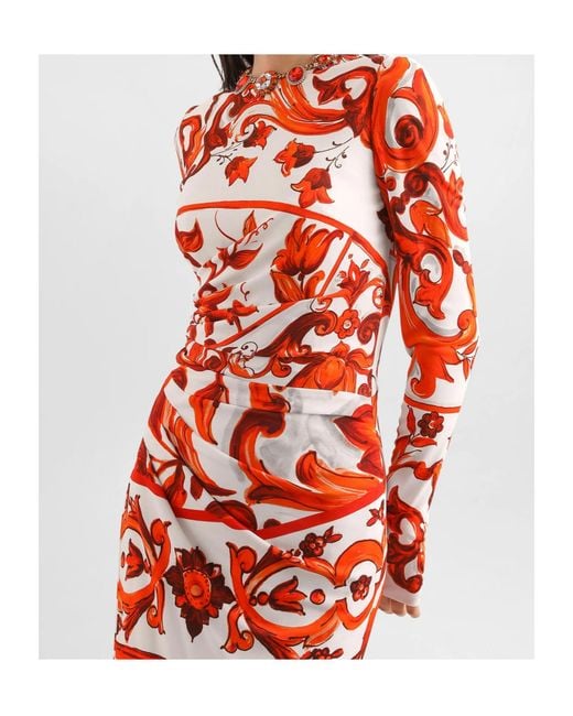 Dolce & Gabbana Red Long-Sleeve Majolica Print Maxi Dress