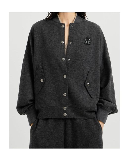 Brunello Cucinelli Black Logo-Patch Bomber Jacket