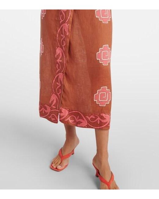 Johanna Ortiz Orange Embroidered Smocked Linen Midi Dress