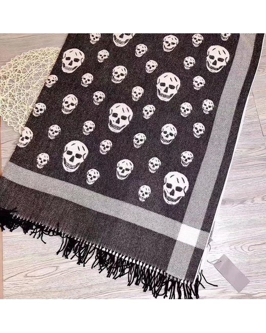 McQueen Black Skull Print Fringed Scarf