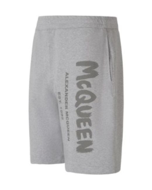 McQueen Gray Graffiti Printed Sport Shorts for men