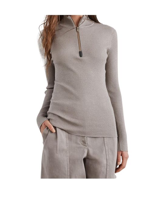 Brunello Cucinelli Gray High Neck Ribbed T-Shirt