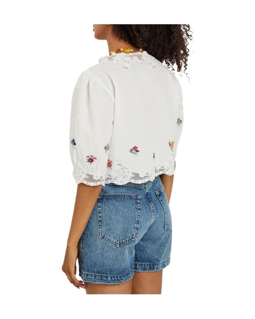 Rixo White Versatile V-Neck Puff Sleeve T-Shirt