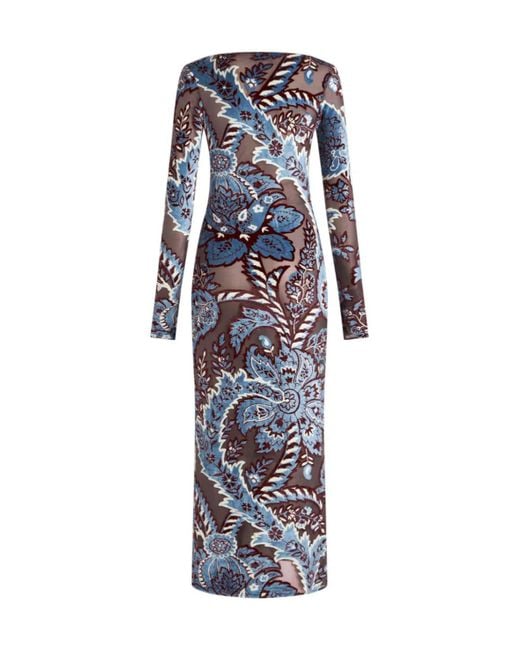 Etro Blue Jacquard Velvet Tulle Dress