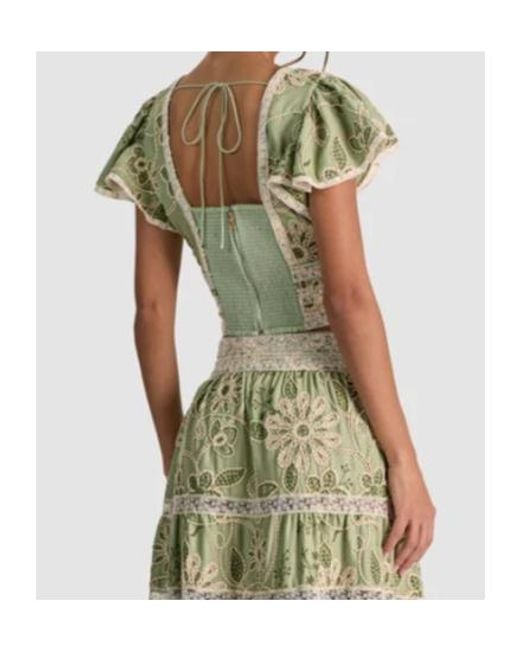 Alice + Olivia Green Keeley Embroidered Flutter Sleeve Top