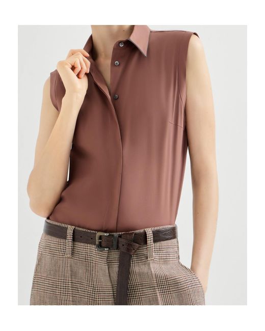 Brunello Cucinelli Brown Sleeveless Curved Hem Shirt