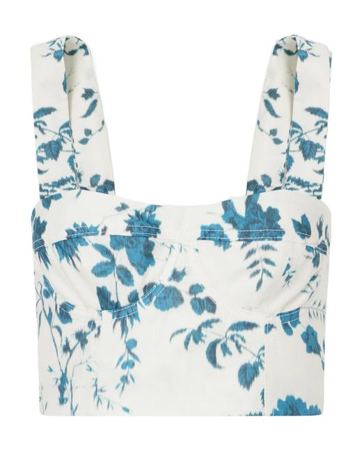 Erdem Blue Crop Floral-Print Cotton And Linen-Blend Top