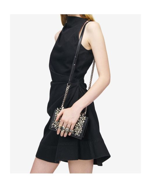 McQueen Black Embellished Embroidery Mini Jewelled Satchel