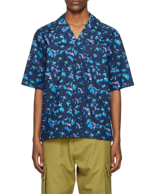 Marni Blue Allover Ink Print Cotton Sport Shirt for men