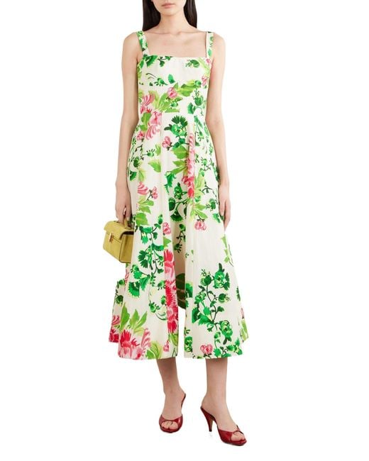 Saloni Green Sabrina Floral-Print Woven Midi Dress