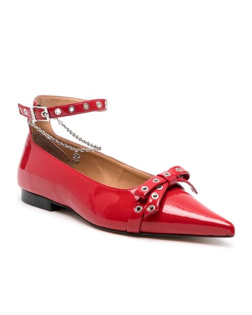 Ganni Red Bow-Detail Ankle Strapped Ballet Flats