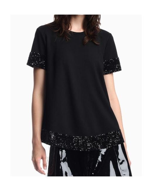 Emporio Armani Black Short-Sleeved Viscose Jumper With Sequined Cuffs And Hem