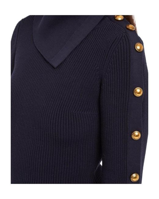 Elisabetta Franchi Blue Button-Embellished Ribbed-Knit Sweater