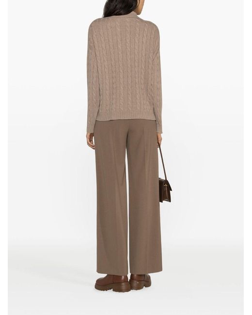 Peserico Brown V-Neck Cable-Knitted Polo Jumper