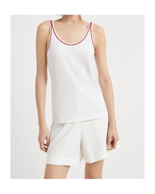 Brunello Cucinelli White Ribbed Contrast-Piping Tank Top